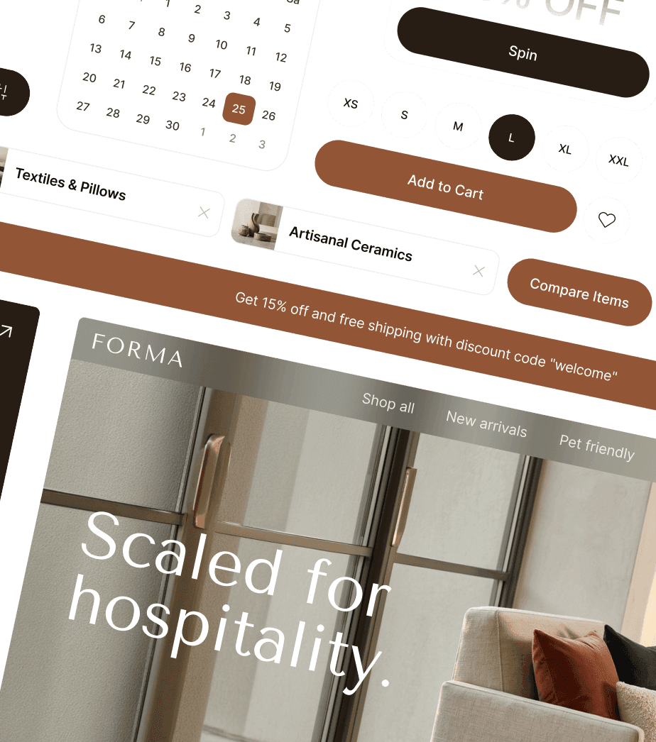 Collage de composants d'interface Web de e-commerce incluant un calendrier, un sélecteur de taille et une bannière.