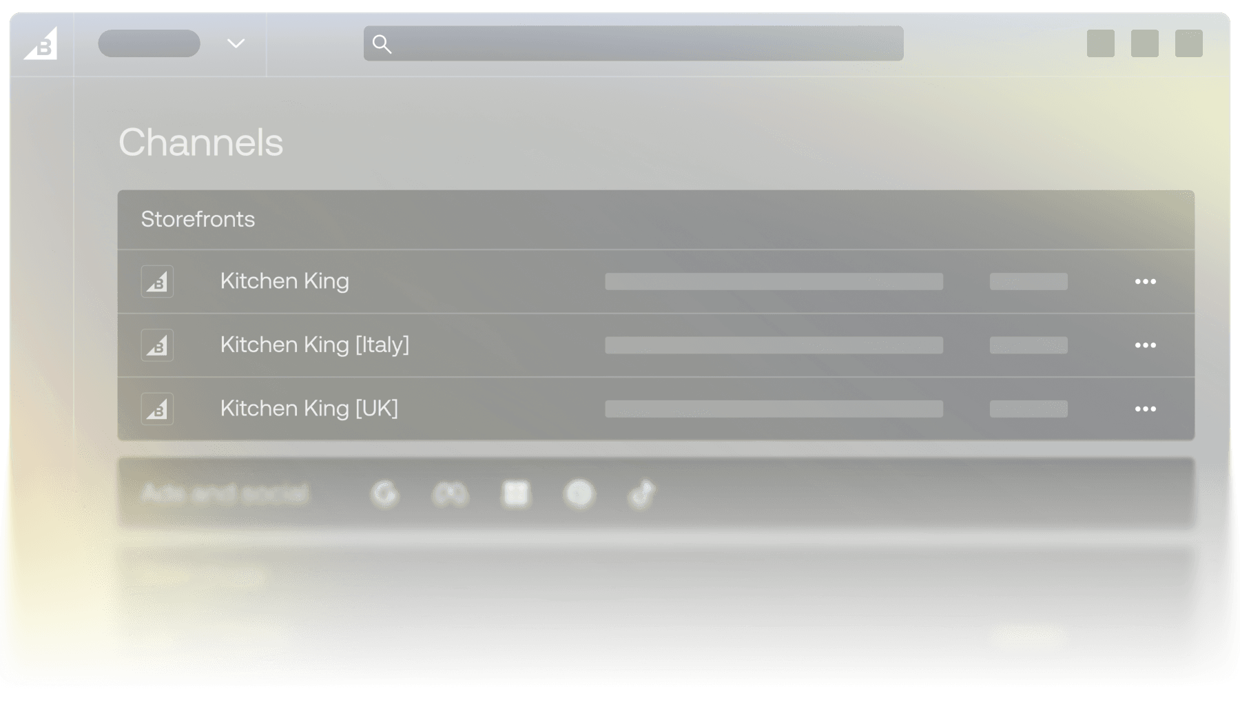 Menu des canaux BigCommerce affichant les listes de storefront régionales pour Kitchen King