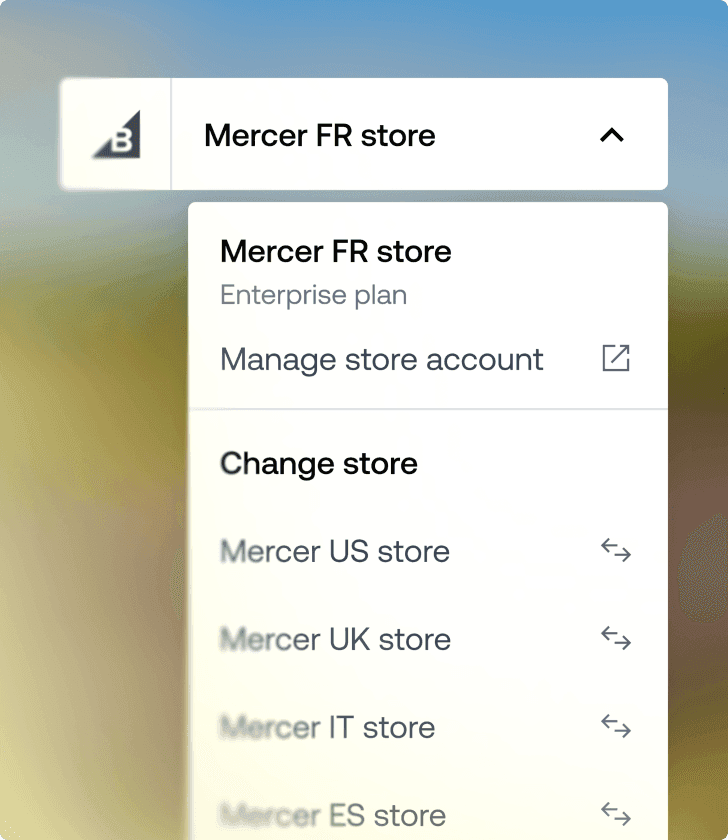 Menu déroulant du sélecteur de multi-boutiques affichant la boutique Mercer FR et les options pour basculer vers les boutiques internationales.