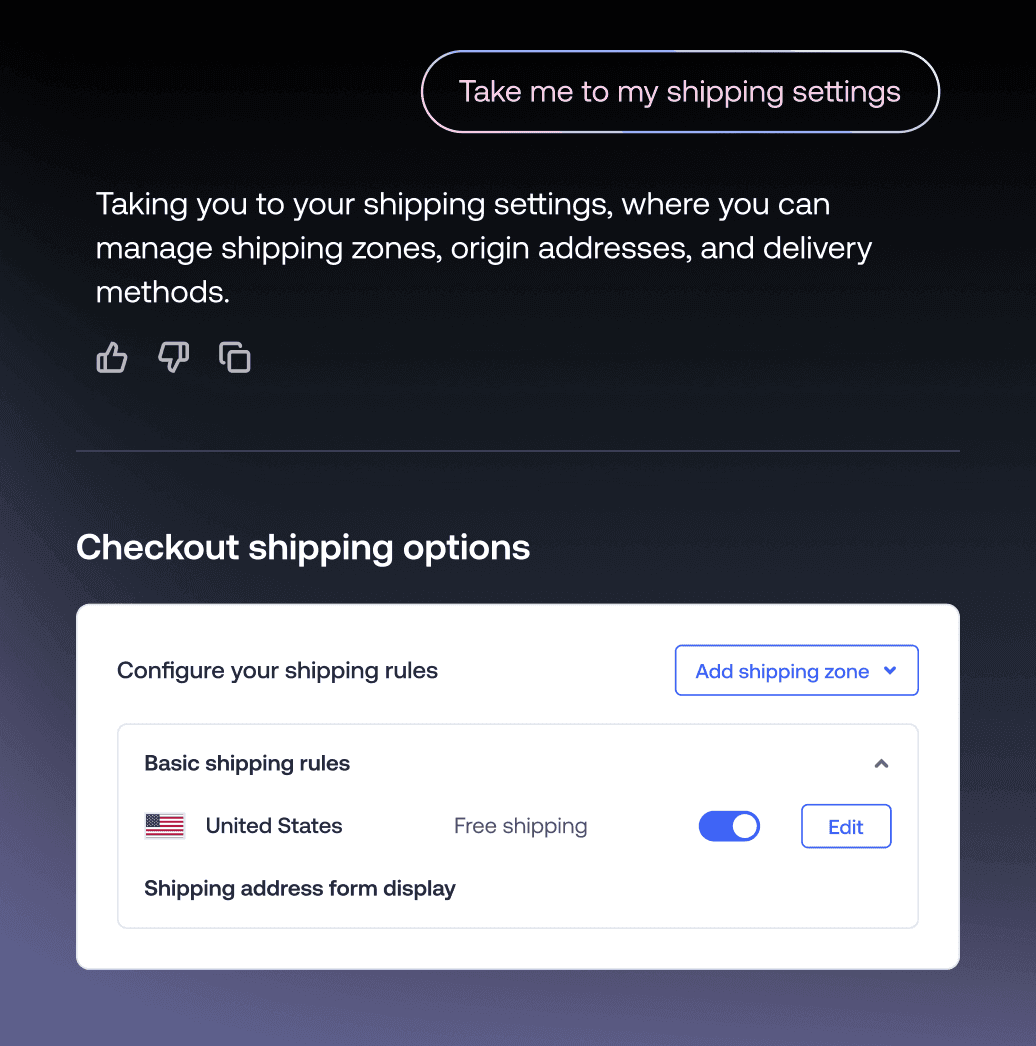 Panneau des options de livraison avant paiement doté de règles de base pour la livraison et d’un bouton d’activation pour la livraison gratuite aux États-Unis