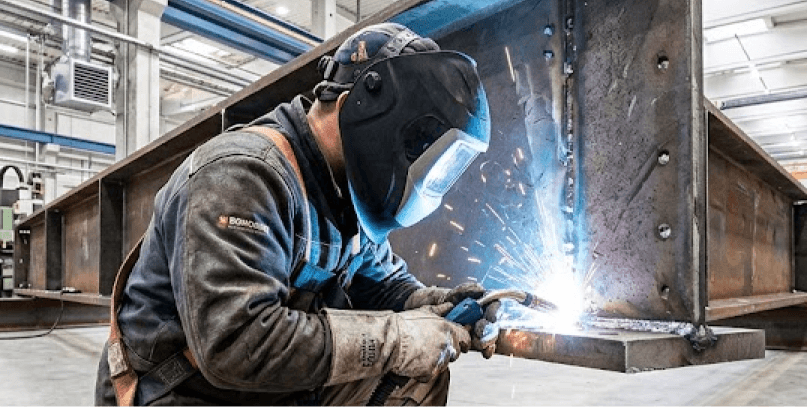 Un soudeur industriel en équipement et masque de protection soudant une lourde poutre en acier dans une usine