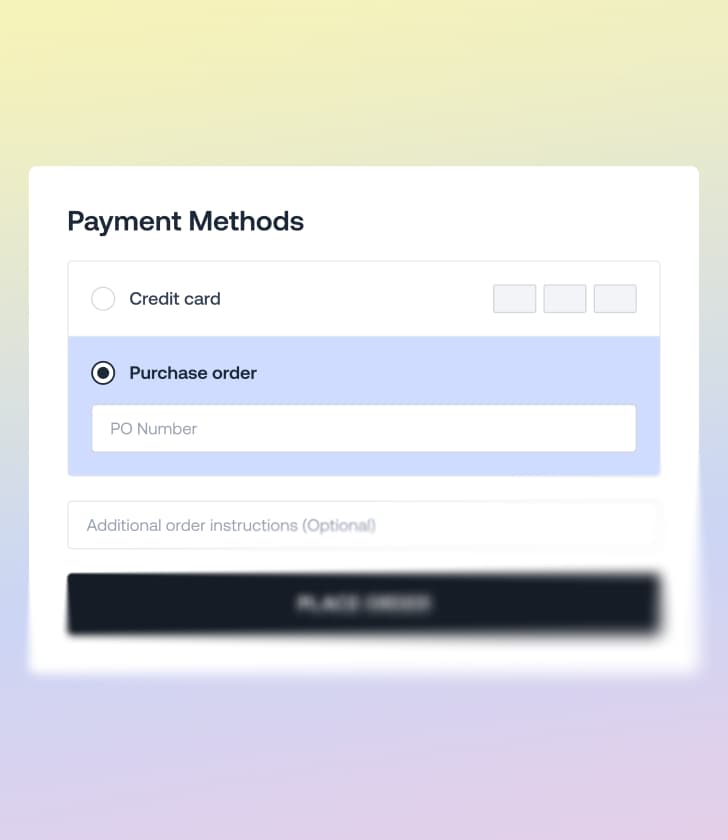 Écran de sélection des modes de paiement affichant le champ de saisie pour la carte de crédit et le bon de commande.