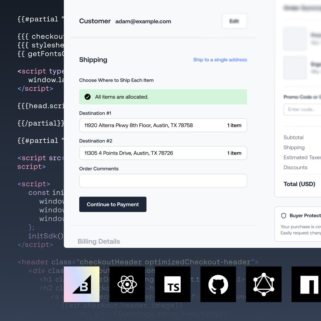 Interface de paiement e-commerce affichant les détails des adresses de livraison multi-destinations et un arrière-plan de code.
