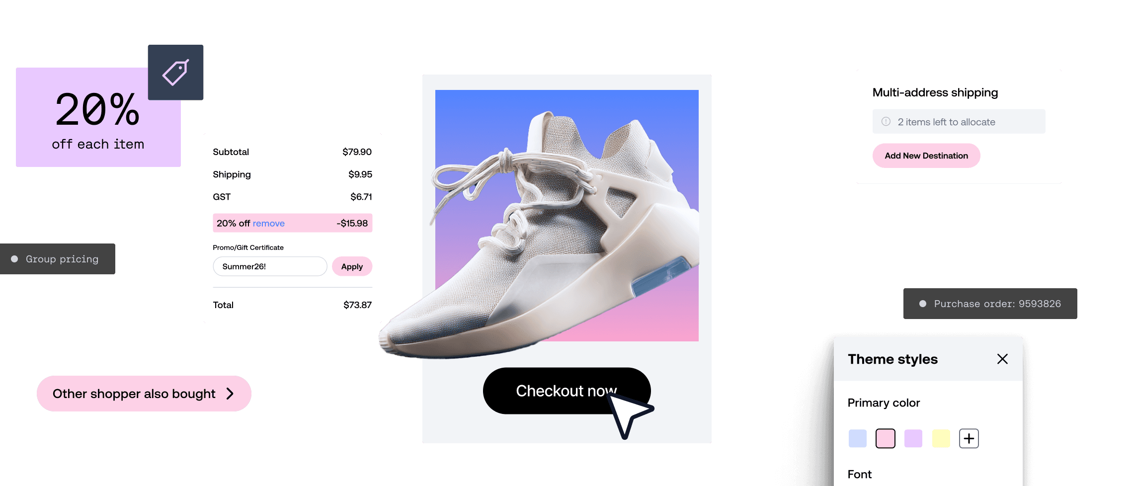Page de paiement e-commerce affichant une basket blanche, les détails du code de réduction et les options de couleur du thème.