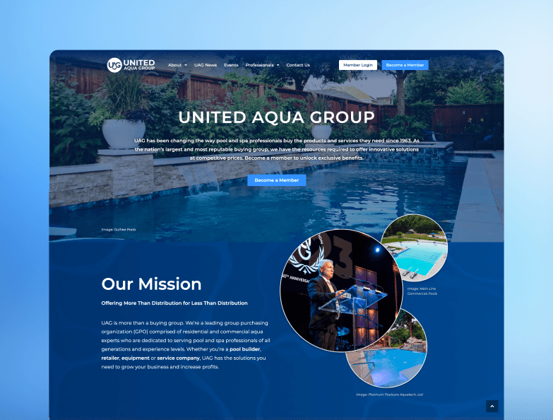 Page d’accueil e-commerce de United Aqua Group présentant des services de piscines et de spas à usage commercial.