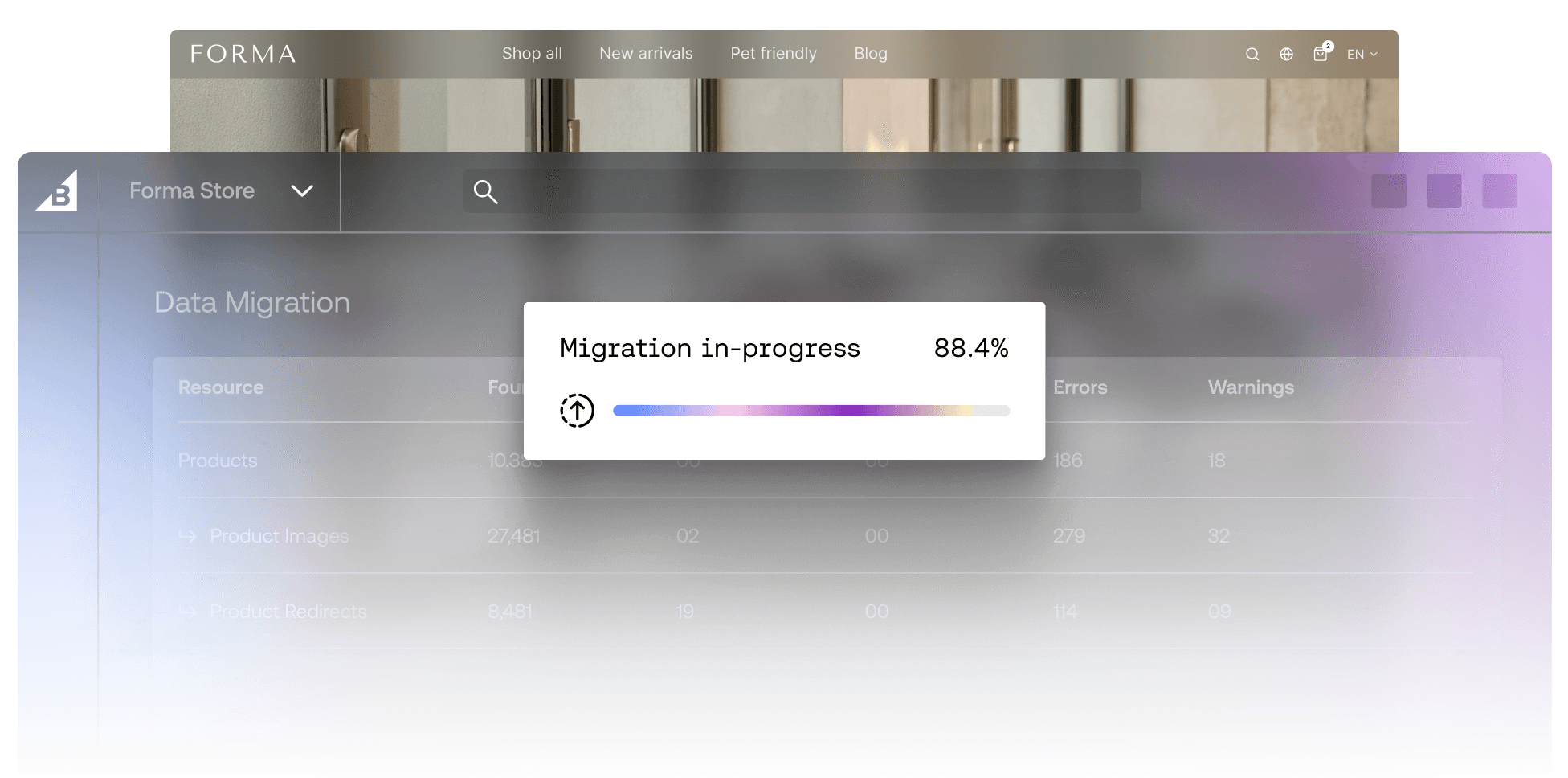 Tableau de bord BigCommerce affichant une barre de progression de migration de données terminée à 88,4 %