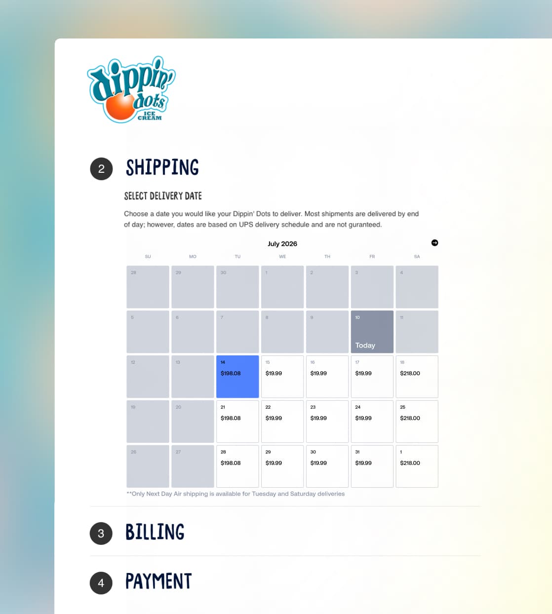 Écran de paiement en ligne de Dippin' Dots affichant le calendrier d'expédition pour la sélection d'une date de livraison en juillet.