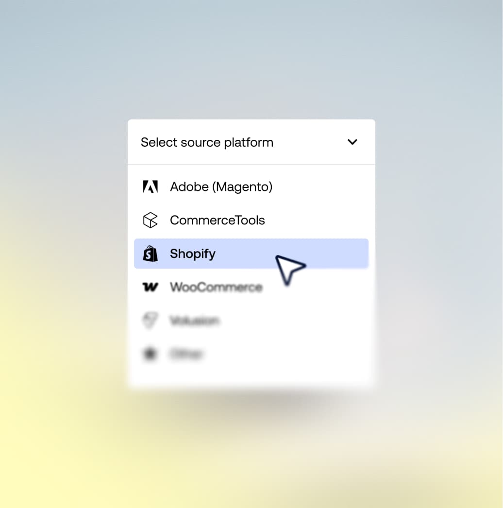 Menu déroulant pour sélectionner la plateforme source lors de la migration des données, avec Shopify mis en surbrillance