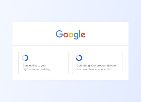 Interface utilisateur affichant deux écrans de chargement pour la connexion à un catalogue BigCommerce et l’optimisation des données produit pour Google.