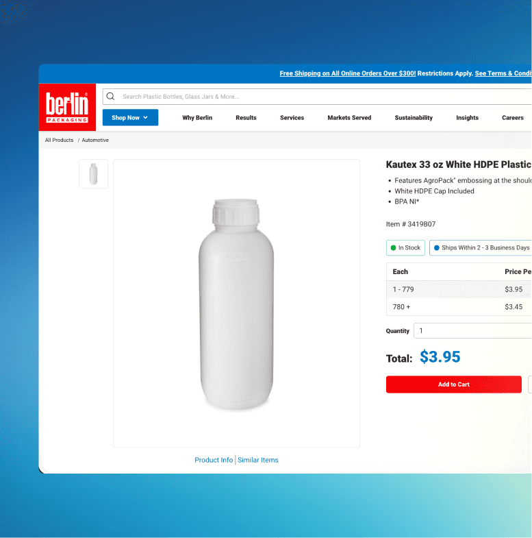 Page de détails produit de Berlin Packaging affichant une bouteille blanche en plastique PEHD de 33 oz.