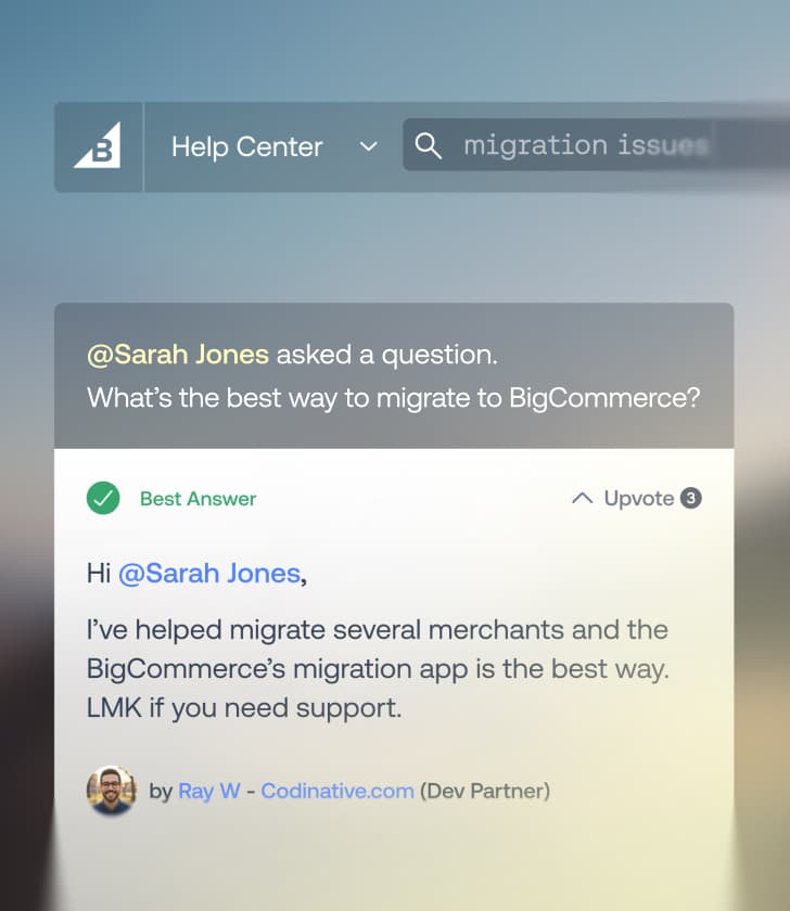 Publication sur le forum du centre d'aide BigCommerce montrant une question sur la migration de boutique et une meilleure réponse vérifiée