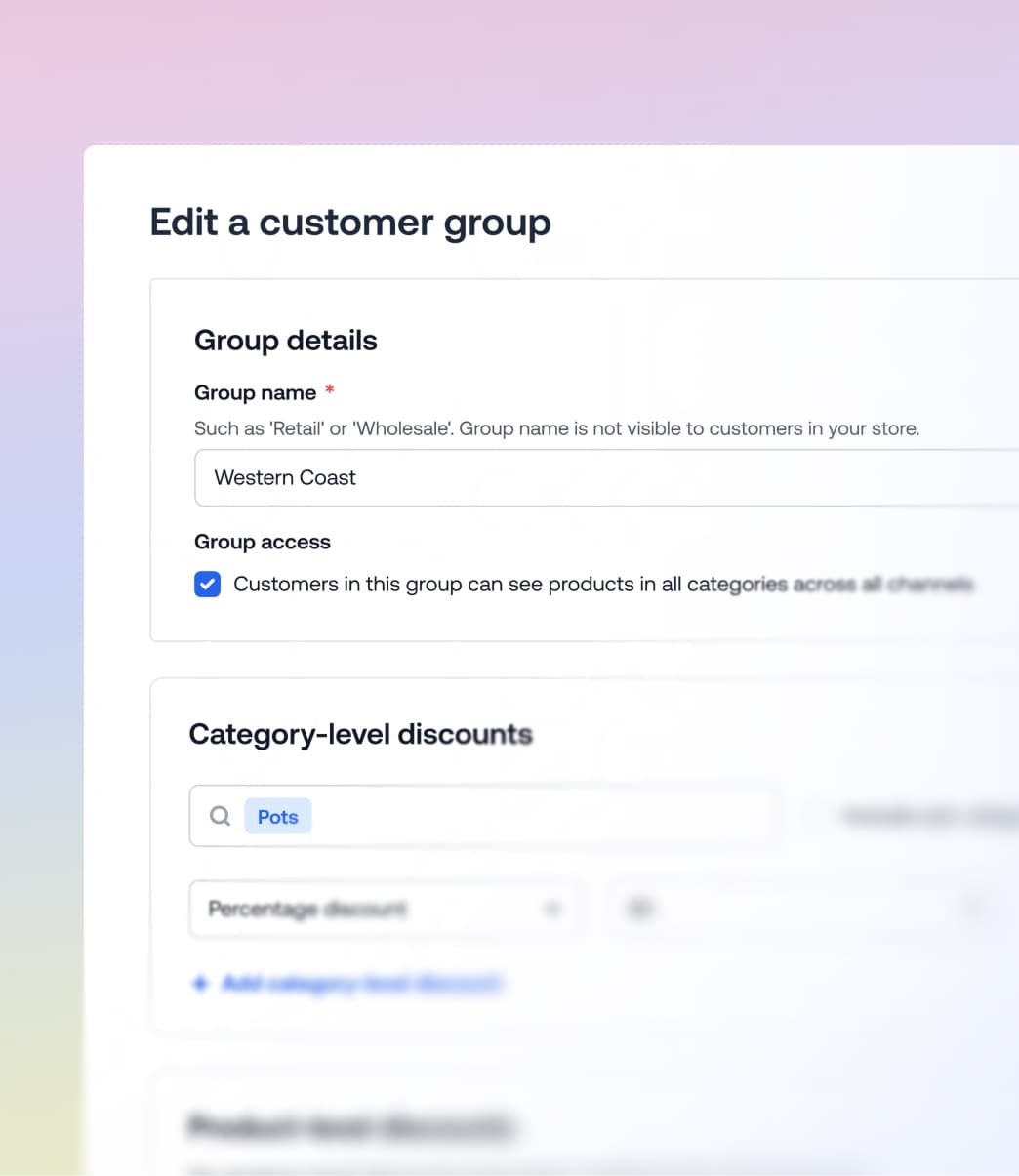 Panneau de configuration des groupes de clients affichant les détails du groupe Western Coast et les remises par catégorie pour les pots.