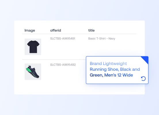 Interface utilisateur affichant les données de produits pour un t-shirt et une chaussure de course, avec une fenêtre contextuelle montrant un titre optimisé pour la chaussure de course.
