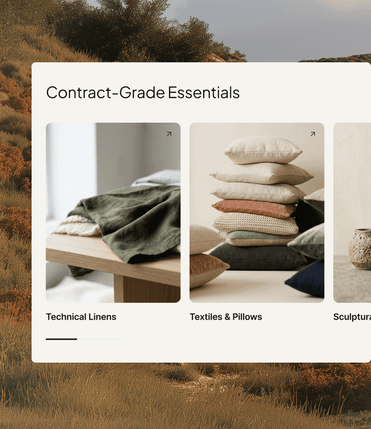 Mise en page de la catégorie Essentials de qualité contractuelle affichant les fiches Technical Linens and Textiles et Pillows.