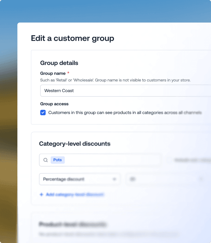 Modifier le formulaire des paramètres d’un groupe de clients affichant la saisie du nom du groupe et les règles de remise par catégorie.