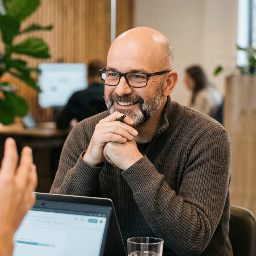Homme portant des lunettes et une barbe, penché en avant lors d'une discussion dans un bureau moderne avec un collègue.