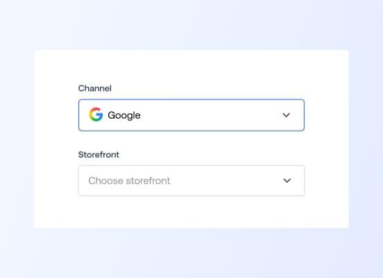 Interface utilisateur affichant un menu déroulant permettant de sélectionner un canal e-commerce, avec Google sélectionné.