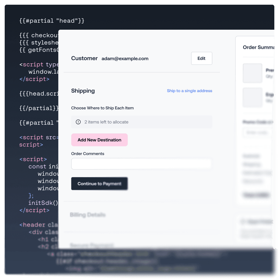 Interface modale de paiement e-commerce affichée au-dessus du code sous-jacent.