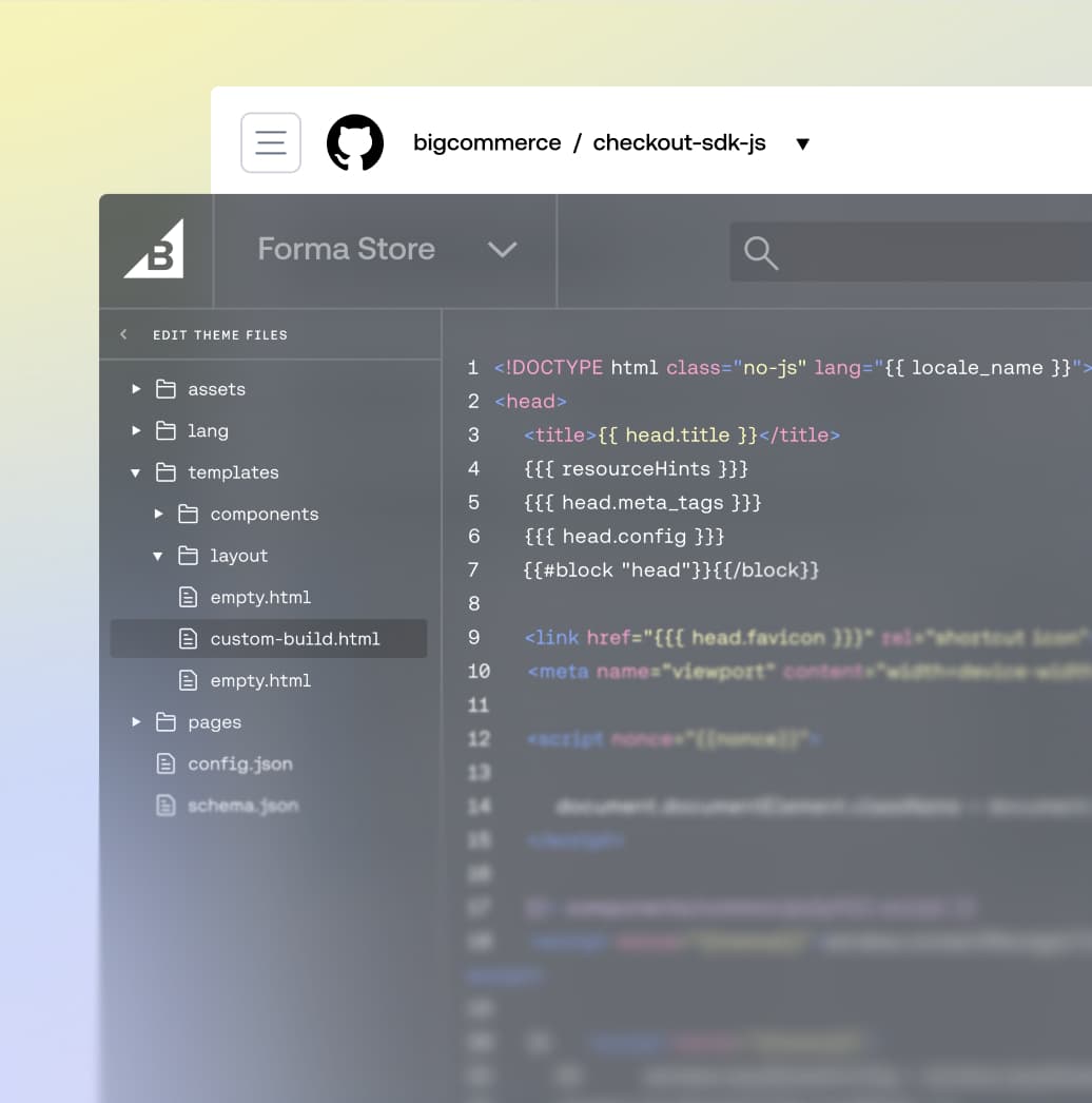Éditeur de code du SDK de paiement BigCommerce affichant les fichiers de modèles HTML et l'arborescence du répertoire de build personnalisé.