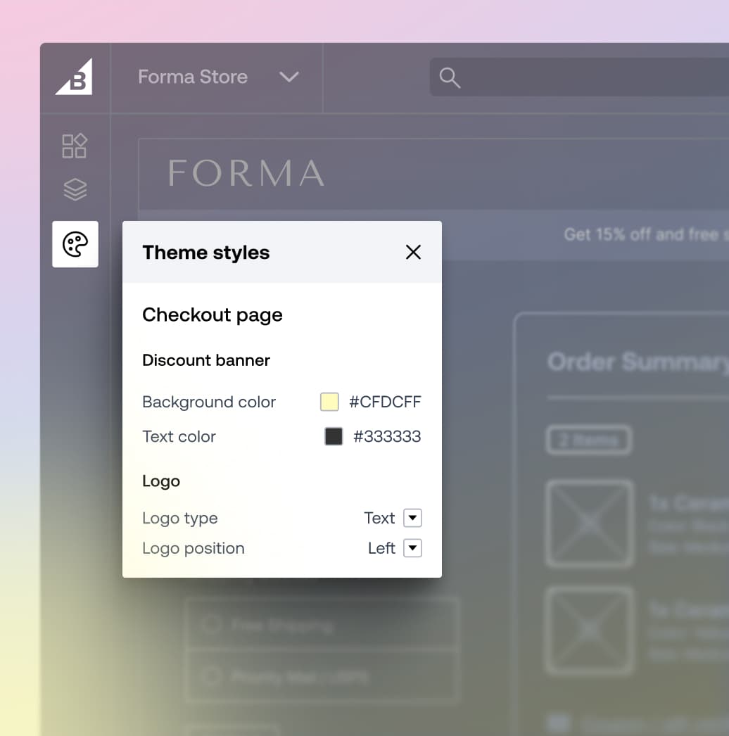 Paramètres de style du thème e-commerce Contentful affichant les options de couleur d'arrière-plan et de texte pour un menu de page de paiement.