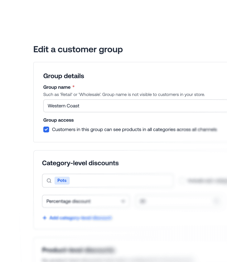 Interface de modification des groupes de clients affichant les détails du groupe pour Western Coast et les remises par catégorie.