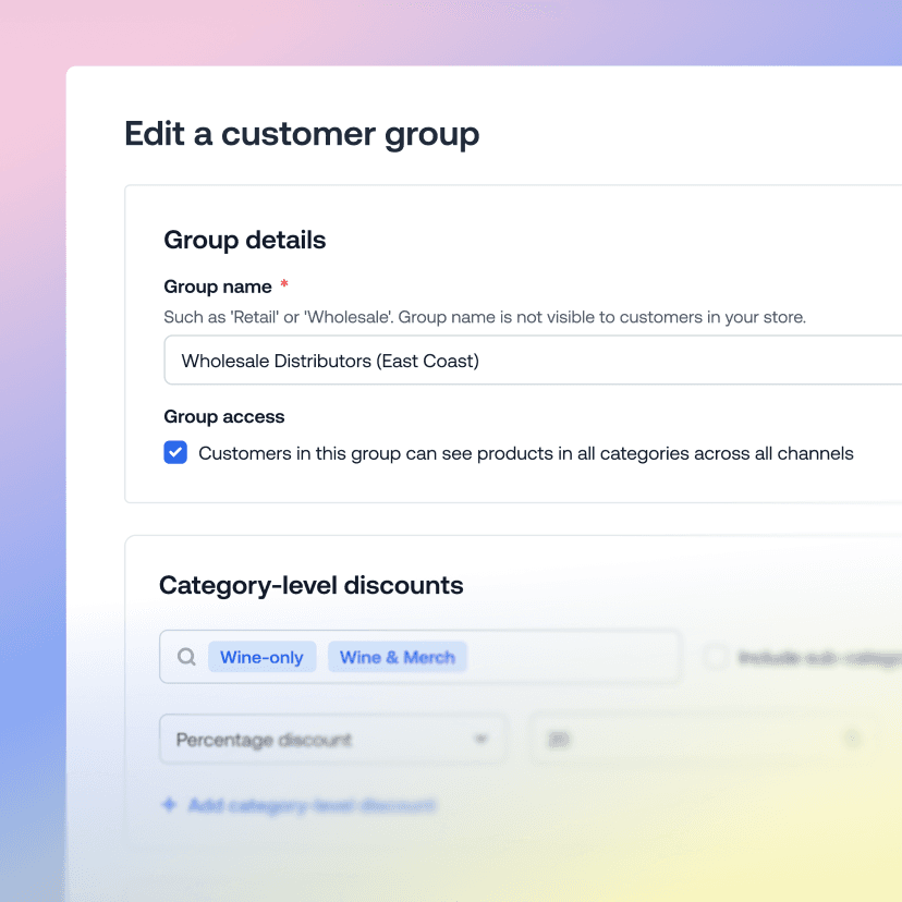 Interface de gestion des groupes de clients affichant les paramètres d’un distributeur en gros et les règles de remise par catégorie.