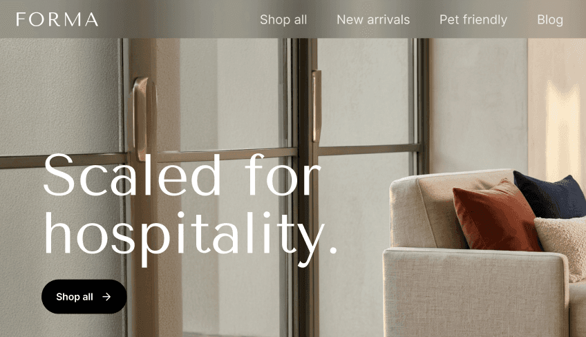 Bannière hero du site Web Forma avec la mention « Scaled for hospitality » et un bouton « Shop all ».