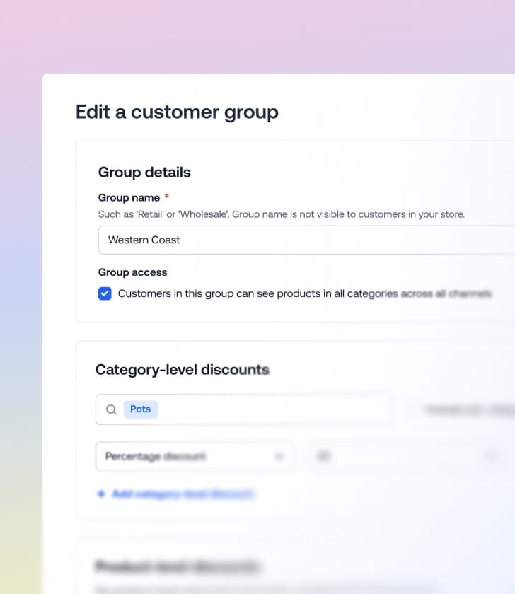 Menu de modification des groupes de clients affichant les détails du groupe Western Coast et les paramètres de remise par catégorie.