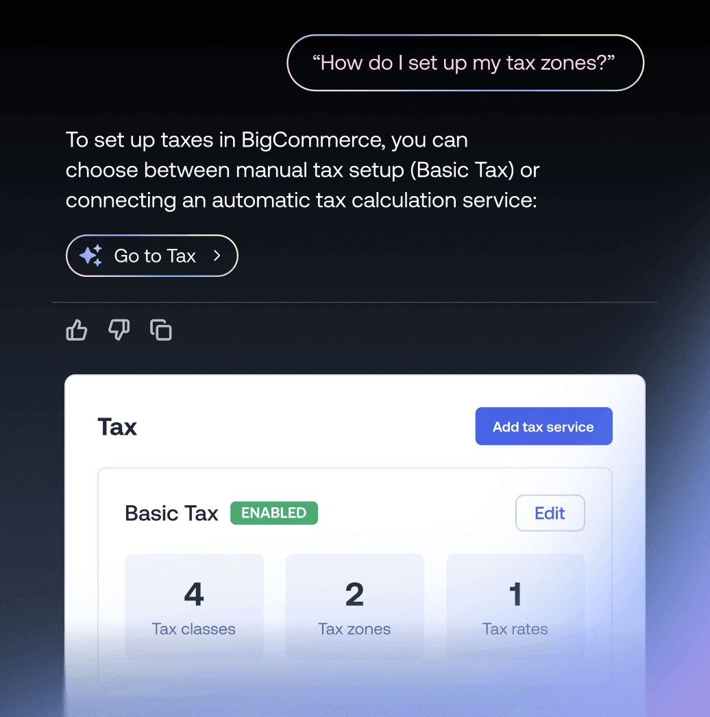 Écran de discussion de la configuration des taxes de BigCommerce affichant la configuration de la taxe de base avec les classes et les zones de taxes