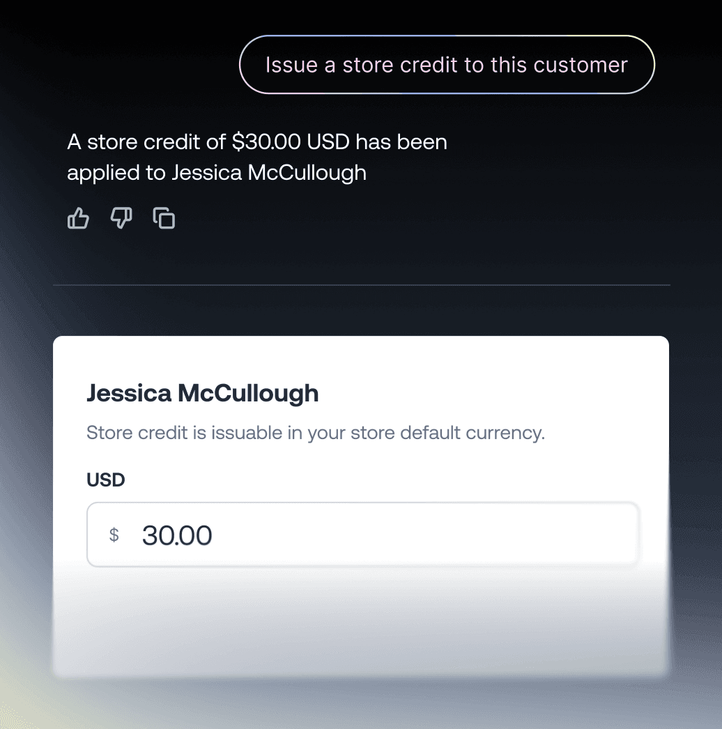 Interface d’avoir affichant un avoir de 30,00 $ USD appliqué à un compte client.