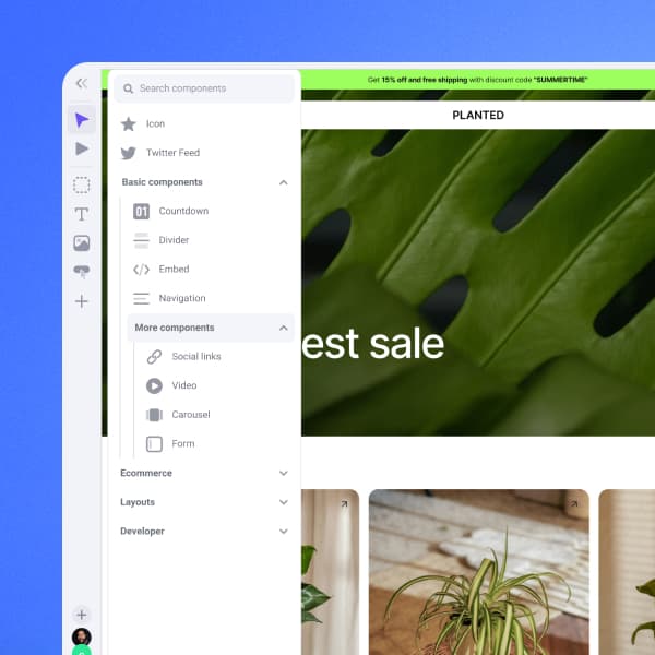 Une interface de création de site web est ouverte, montrant une barre latérale avec des options de composants et un aperçu d'un site web sur le thème des plantes annonçant une vente.