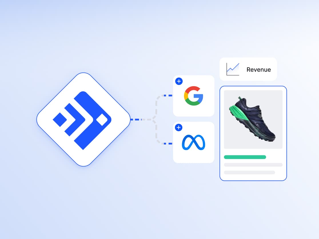 Diagramme illustrant la synchronisation des données produits de Feedonomics avec Google et Meta pour générer des revenus e-commerce.