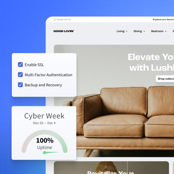 Capture d'écran montrant un canapé avec des éléments de texte tels que "GOOD LIVIN'", "Living . Dining v Bedroom w", "Elevate Yo", et diverses expressions liées à la technologie et aux ventes, notamment "Enable SSL", "Multi-Factor Authentication", et "Cyber Week". L'écran contient un mélange décoratif de polices et de mises en page.