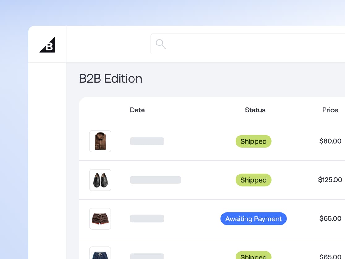 Portail BigCommerce B2B Edition permettant de suivre les expéditions en gros et le statut des paiements pour les commandes e-commerce.